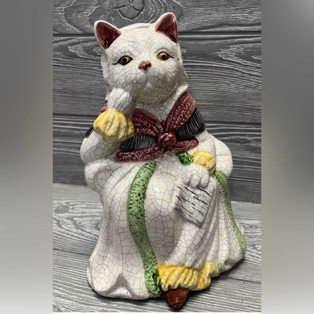 Vintage Victorian Lady Cat Ceramic Crackle Finish Figurine 10” Rustic Unique